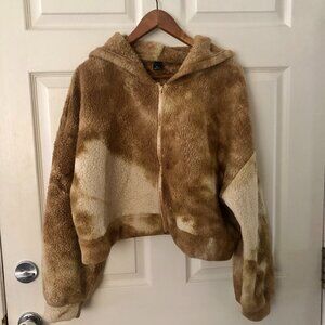 [Women's XL] Teddy Sherpa Cropped Jacket Tie Dye Fuzzy Hooded Zip Up Cozycore